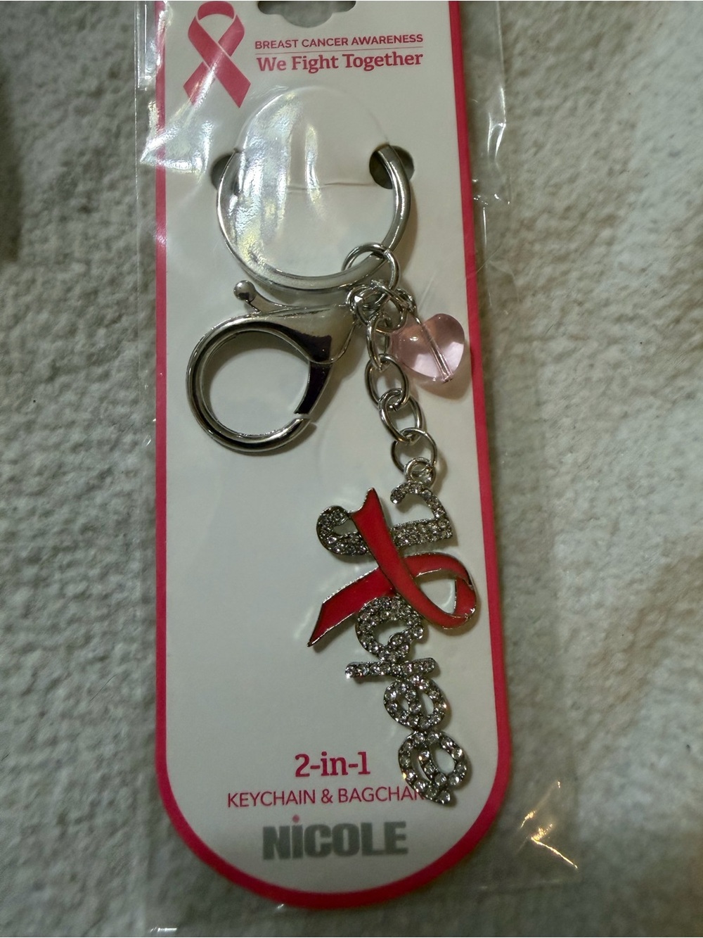 Nicole Pink Ribbon 'Hope' Keychain with Heart Charm Hot Pink